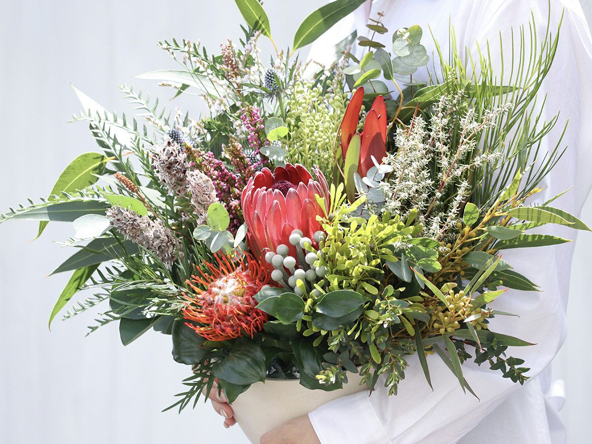 季節のプロテアおまかせフレッシュアレンジメント(赤・ピンク系)